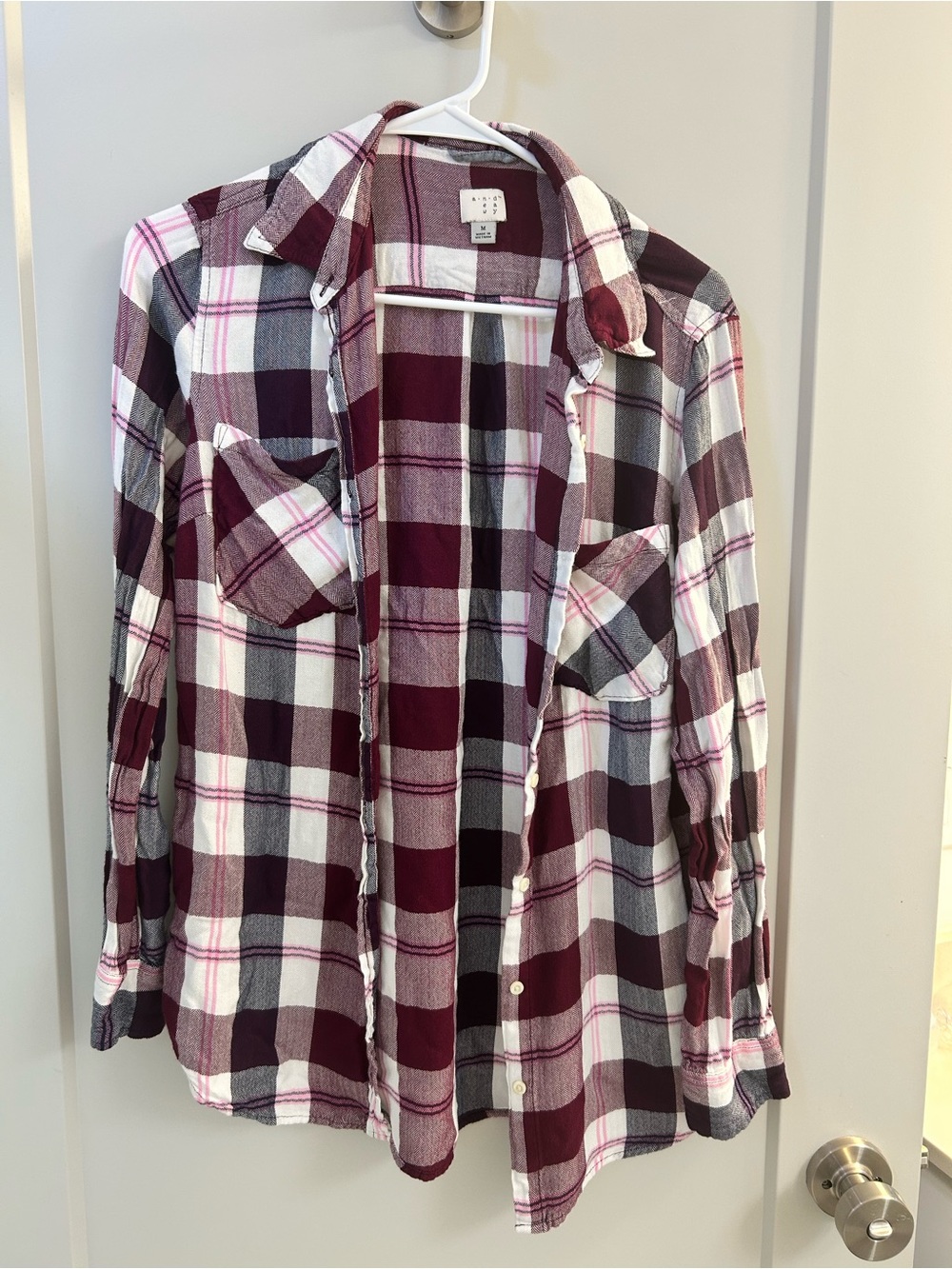 Plaid Flannel Button-Up Shirt - Burgundy & White